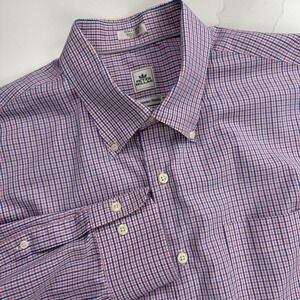 Peter Millar Weekender Finish Button Shirt Mens XL Pink Blue Plaid Preppy‎